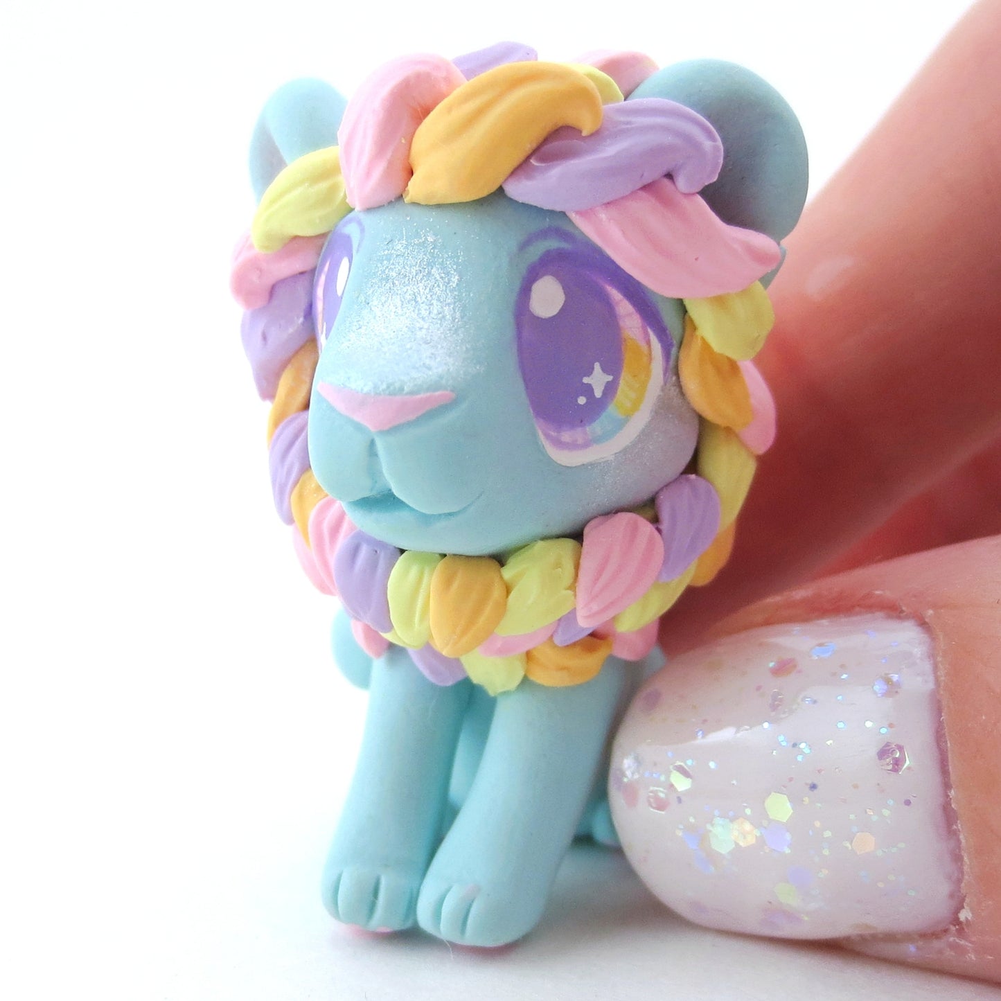 Rainbow Mane Baby Blue Lion Figurine - Polymer Clay Carnival Animals