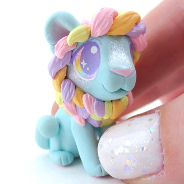 Rainbow Mane Baby Blue Lion Figurine - Polymer Clay Carnival Animals