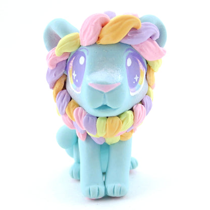 Rainbow Mane Baby Blue Lion Figurine - Polymer Clay Carnival Animals