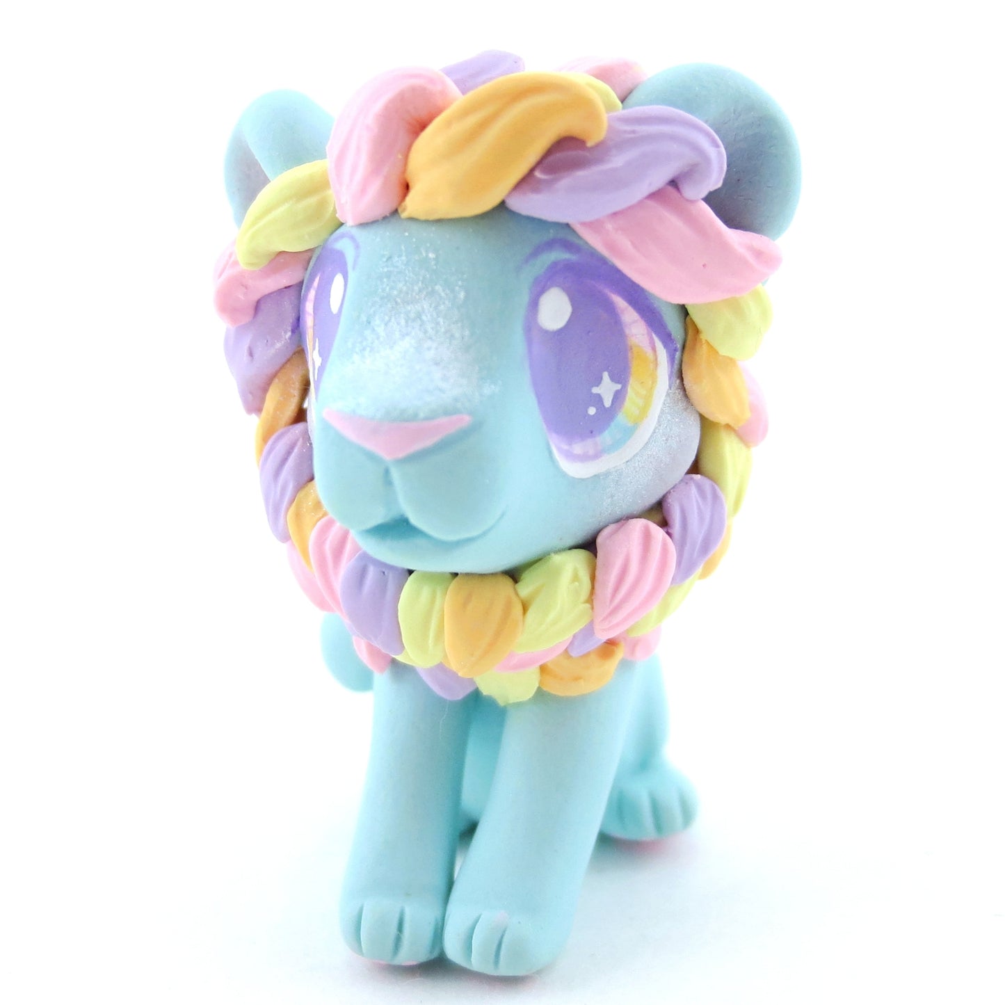 Rainbow Mane Baby Blue Lion Figurine - Polymer Clay Carnival Animals