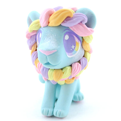 Rainbow Mane Baby Blue Lion Figurine - Polymer Clay Carnival Animals