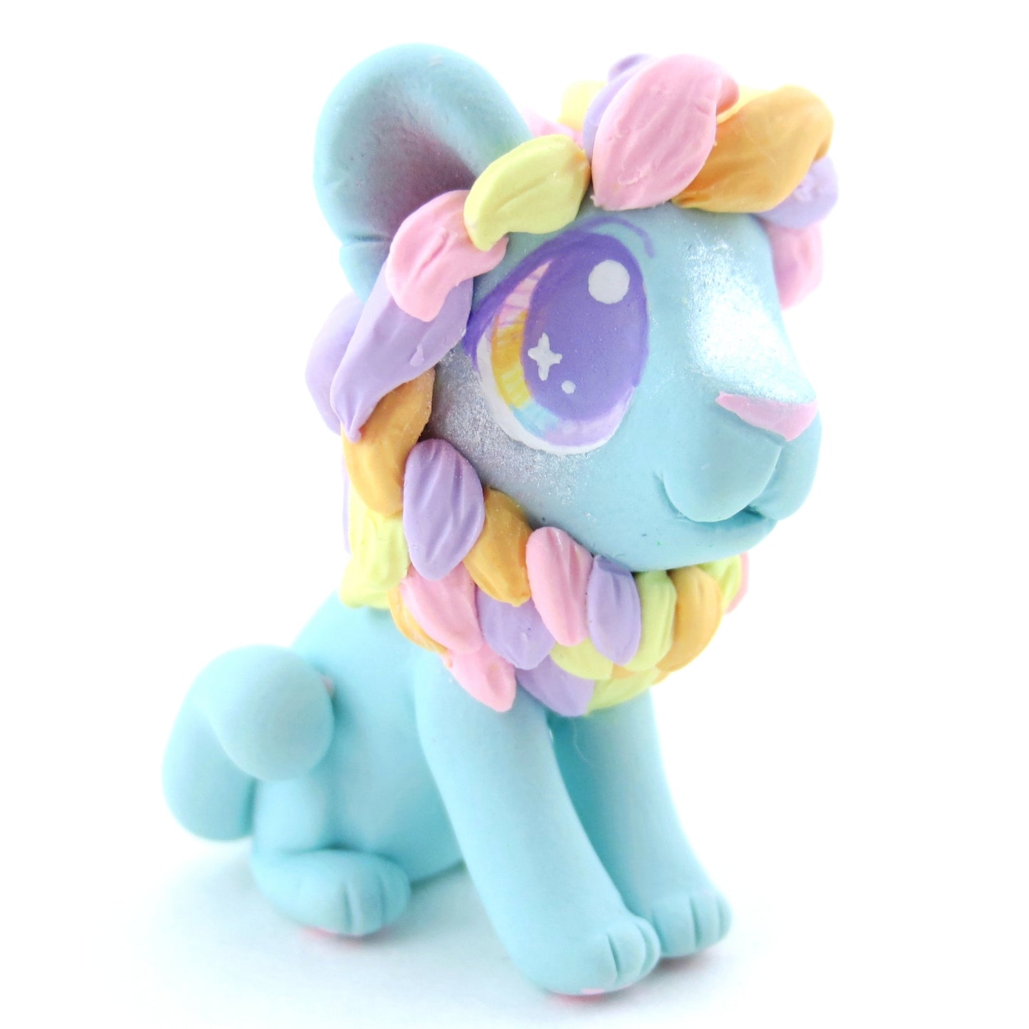 Rainbow Mane Baby Blue Lion Figurine - Polymer Clay Carnival Animals