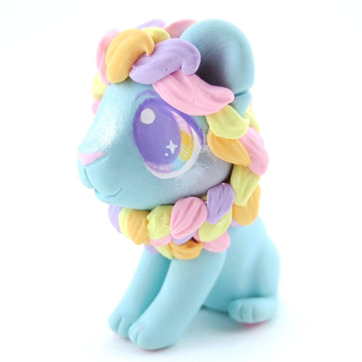 Rainbow Mane Baby Blue Lion Figurine - Polymer Clay Carnival Animals