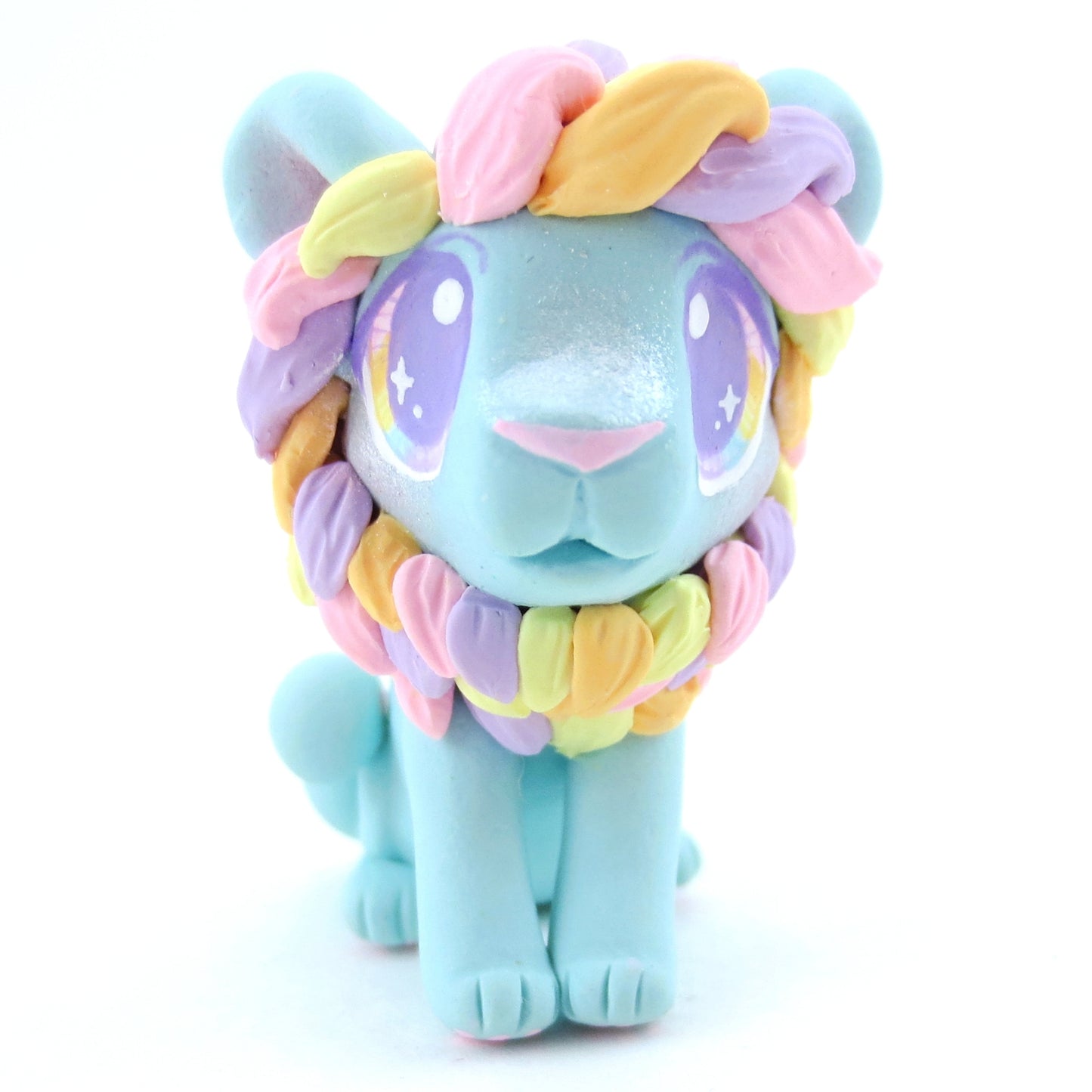 Rainbow Mane Baby Blue Lion Figurine - Polymer Clay Carnival Animals