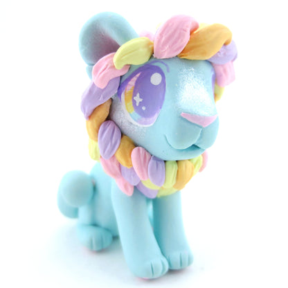 Rainbow Mane Baby Blue Lion Figurine - Polymer Clay Carnival Animals