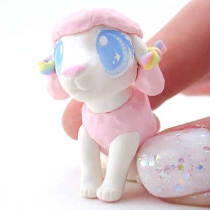 Pink and White Poodle Puppy Figurine - Polymer Clay Carnival Animals