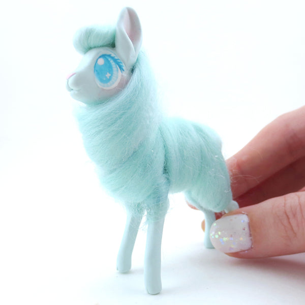 Turquoise Cotton Candy Llama Figurine - Polymer Clay Carnival Animals