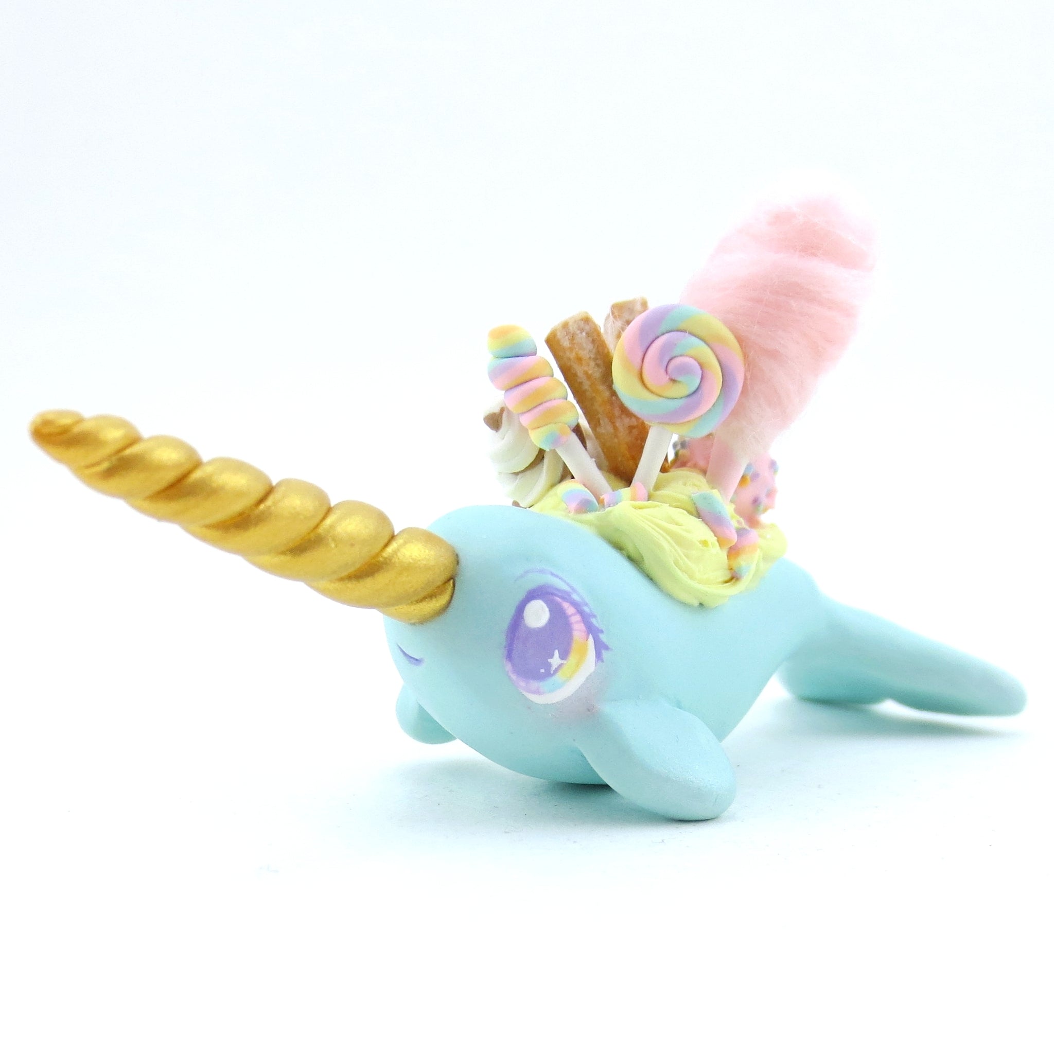Fair Food Dessert Turquoise Narwhal Figurine - Polymer Clay Carnival Animals