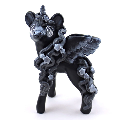 Black and Silver Starry Pegasus Figurine - Polymer Clay Animals Celestial Collection