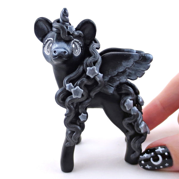 Black and Silver Starry Pegasus Figurine - Polymer Clay Animals Celestial Collection