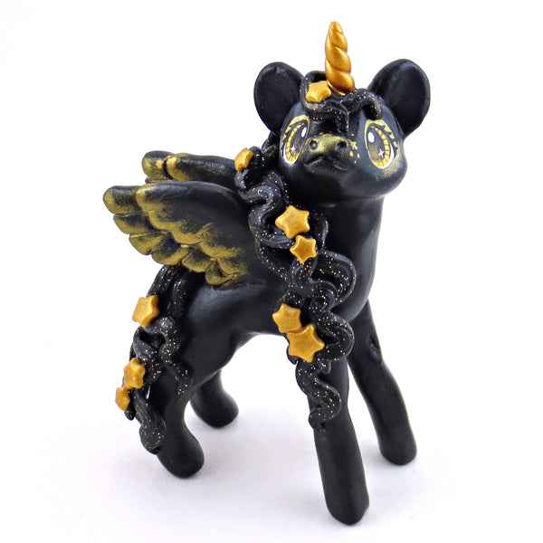 Black and Gold Starry Pegasus Figurine - Polymer Clay Animals Celestial Collection