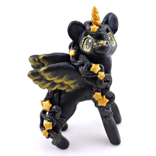 Black and Gold Starry Pegasus Figurine - Polymer Clay Animals Celestial Collection