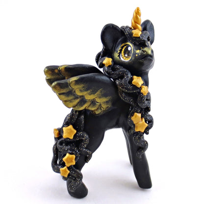 Black and Gold Starry Pegasus Figurine - Polymer Clay Animals Celestial Collection