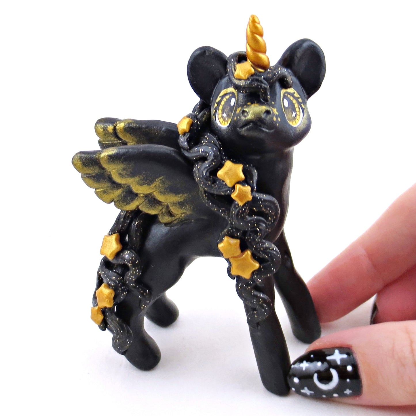 Black and Gold Starry Pegasus Figurine - Polymer Clay Animals Celestial Collection