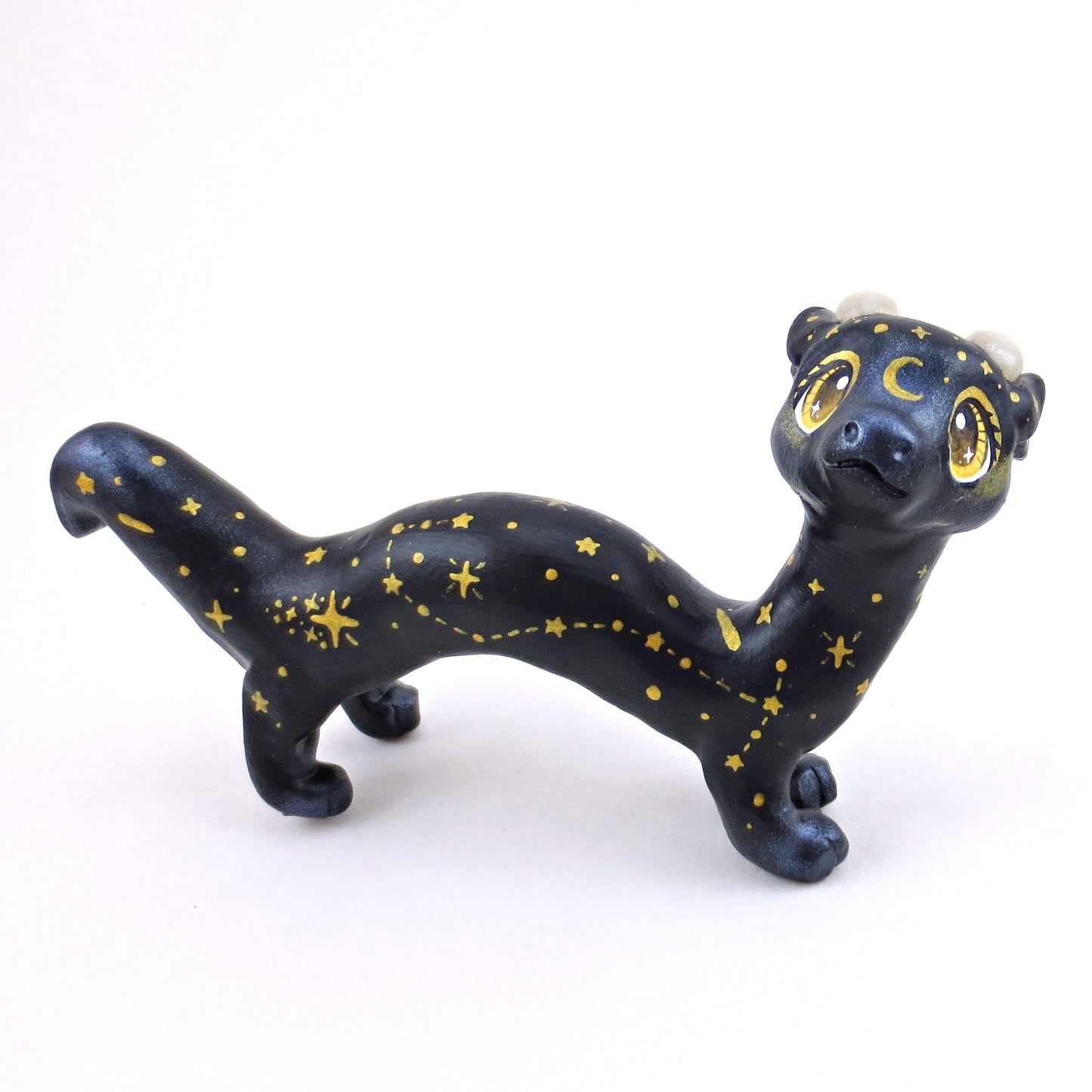 Black and Gold Starry Noodle Dragon Figurine - Polymer Clay Animals Celestial Collection