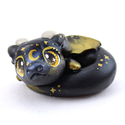 Black and Gold Starry Baby Dragon Figurine - Polymer Clay Animals Celestial Collection