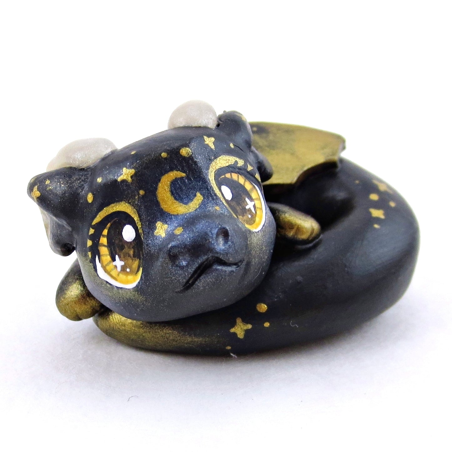 Black and Gold Starry Baby Dragon Figurine - Polymer Clay Animals Celestial Collection