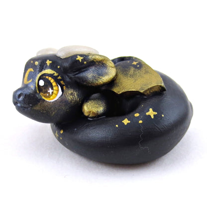 Black and Gold Starry Baby Dragon Figurine - Polymer Clay Animals Celestial Collection