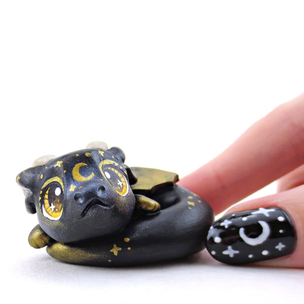 Black and Gold Starry Baby Dragon Figurine - Polymer Clay Animals Celestial Collection