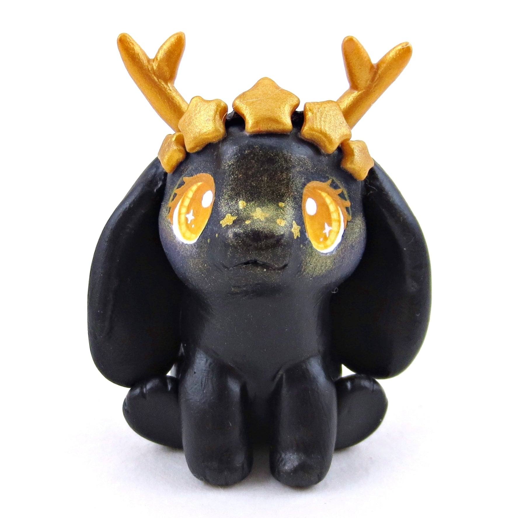 Black and Gold Star Crown Jackalope Bunny Figurine - Polymer Clay Animals Celestial Collection