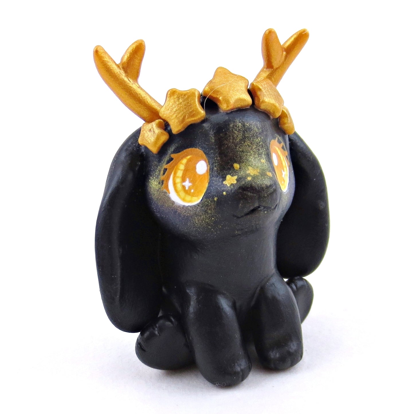 Black and Gold Star Crown Jackalope Bunny Figurine - Polymer Clay Animals Celestial Collection