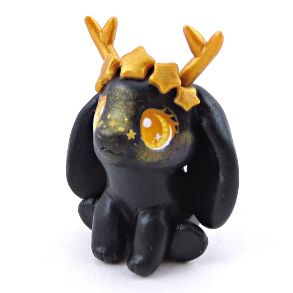 Black and Gold Star Crown Jackalope Bunny Figurine - Polymer Clay Animals Celestial Collection