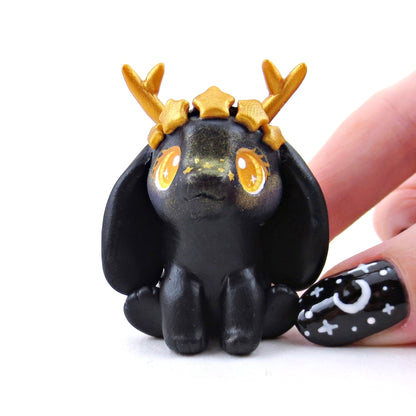 Black and Gold Star Crown Jackalope Bunny Figurine - Polymer Clay Animals Celestial Collection