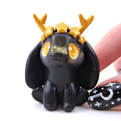 Black and Gold Star Crown Jackalope Bunny Figurine - Polymer Clay Animals Celestial Collection