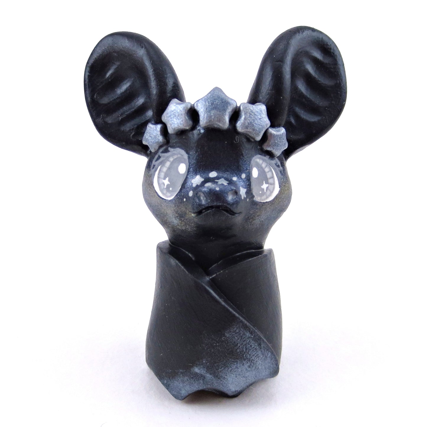 Black and Silver Star Crown Bat Figurine - Polymer Clay Animals Celestial Collection