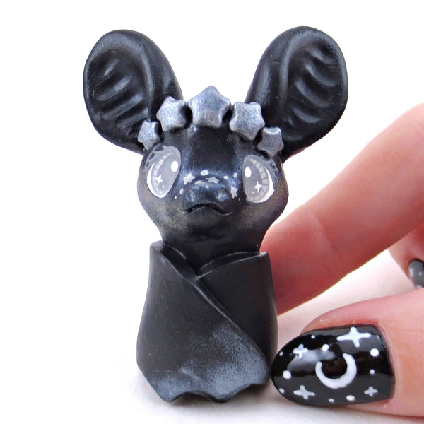 Black and Silver Star Crown Bat Figurine - Polymer Clay Animals Celestial Collection