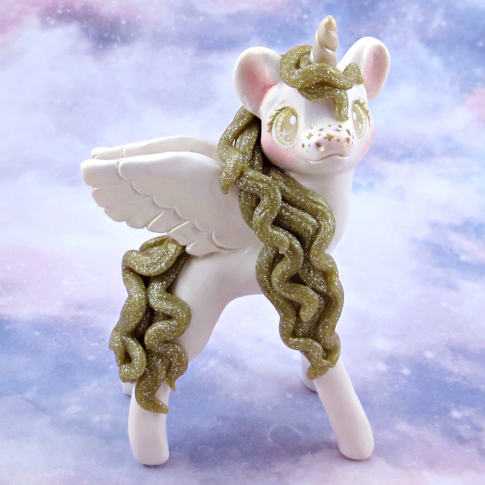 Gold Glitter and White Pegasus Figurine - Polymer Clay Animals Celestial Collection