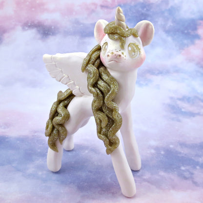 Gold Glitter and White Pegasus Figurine - Polymer Clay Animals Celestial Collection