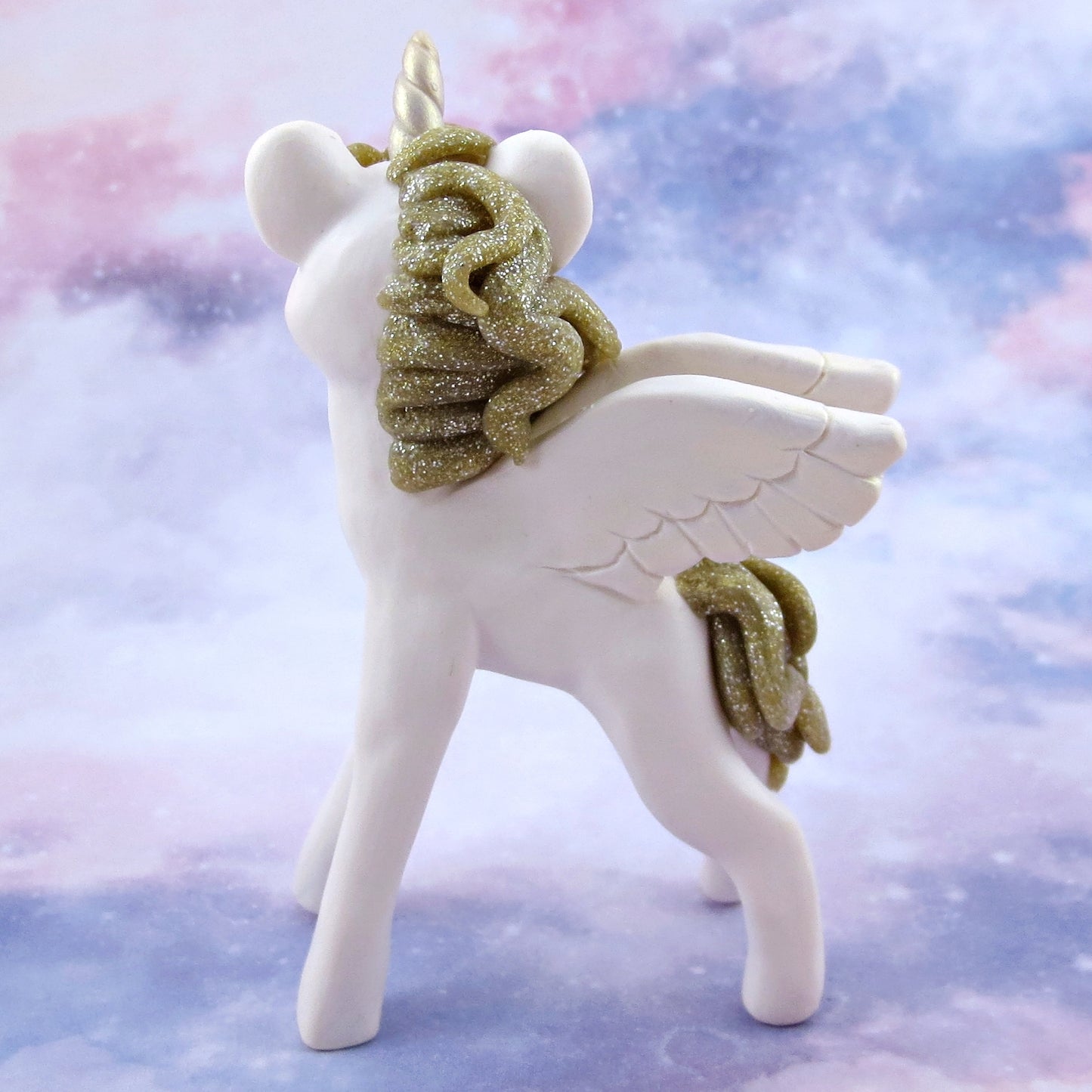 Gold Glitter and White Pegasus Figurine - Polymer Clay Animals Celestial Collection