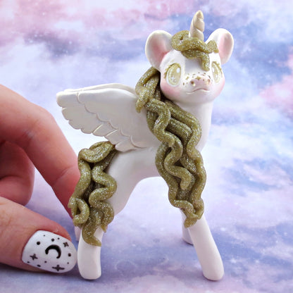 Gold Glitter and White Pegasus Figurine - Polymer Clay Animals Celestial Collection