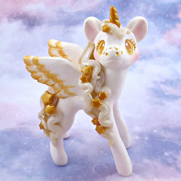 Gold and White Starry Pegasus Figurine - Polymer Clay Animals Celestial Collection