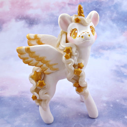 Gold and White Starry Pegasus Figurine - Polymer Clay Animals Celestial Collection