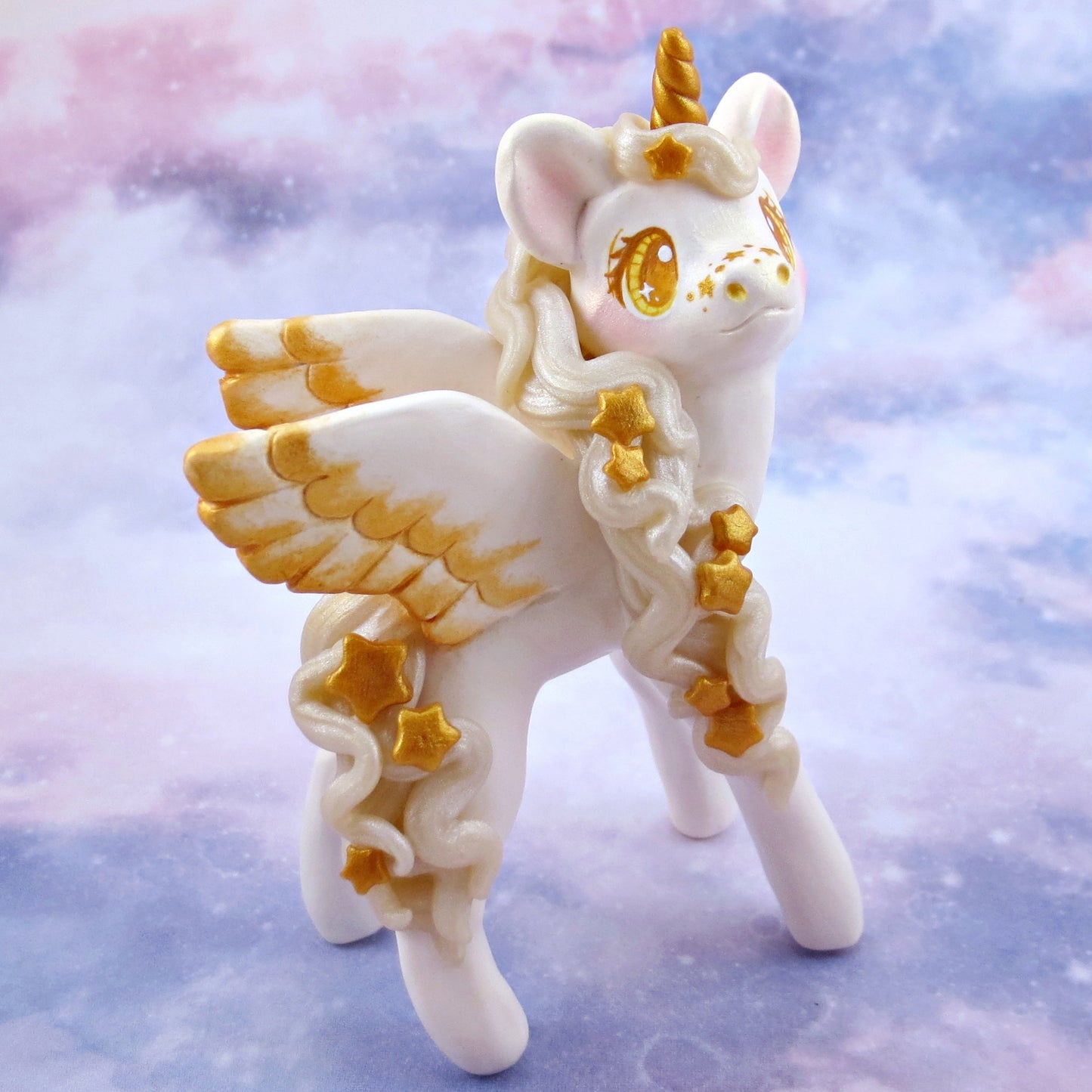 Gold and White Starry Pegasus Figurine - Polymer Clay Animals Celestial Collection