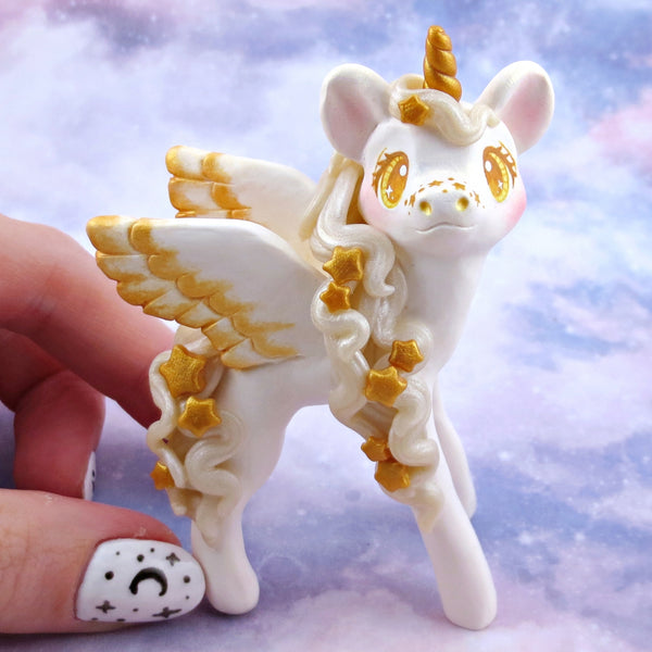 Gold and White Starry Pegasus Figurine - Polymer Clay Animals Celestial Collection