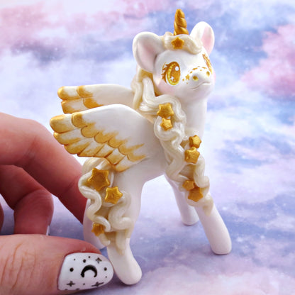 Gold and White Starry Pegasus Figurine - Polymer Clay Animals Celestial Collection