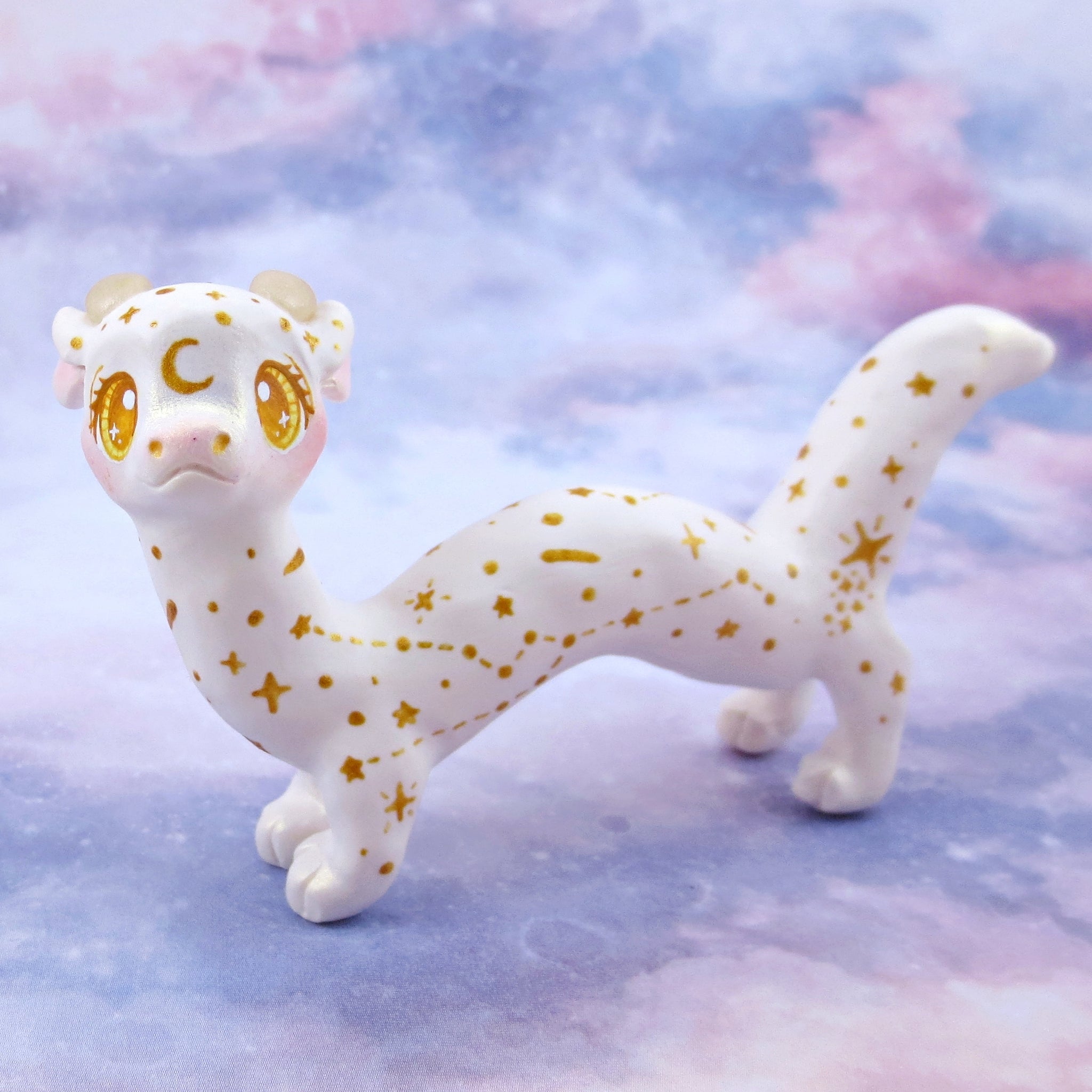 White and Gold Starry Noodle Dragon Figurine - Polymer Clay Animals Celestial Collection