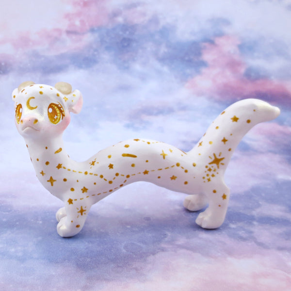White and Gold Starry Noodle Dragon Figurine - Polymer Clay Animals Celestial Collection