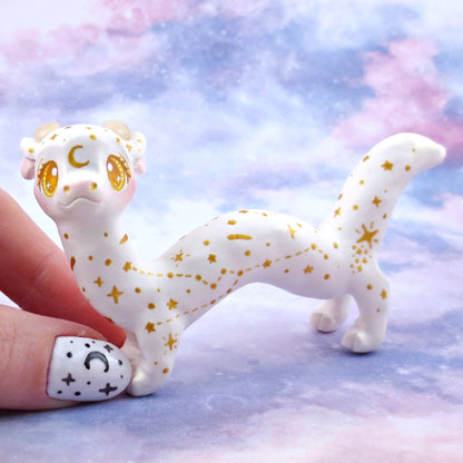 White and Gold Starry Noodle Dragon Figurine - Polymer Clay Animals Celestial Collection