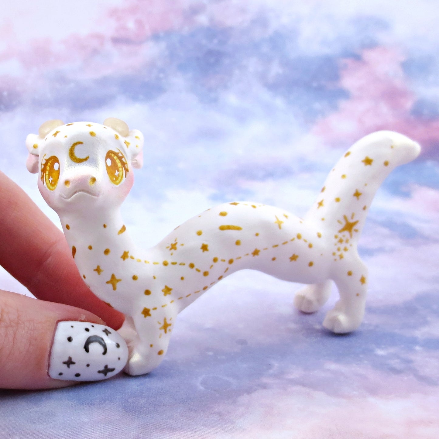 White and Gold Starry Noodle Dragon Figurine - Polymer Clay Animals Celestial Collection