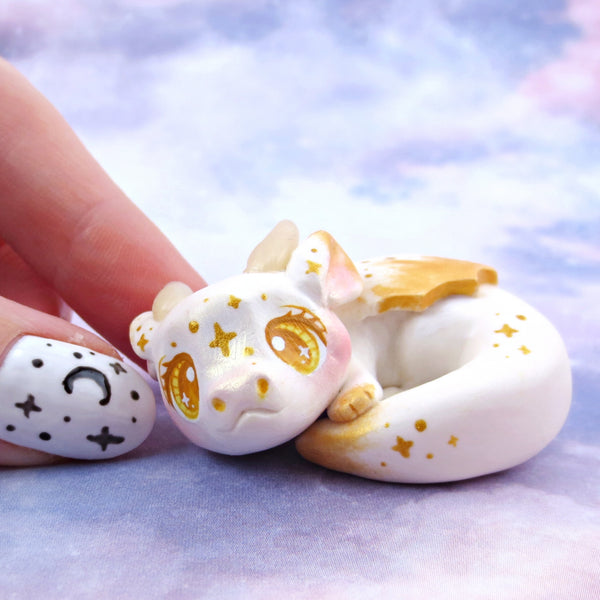 White and Gold Starry Baby Dragon Figurine - Polymer Clay Animals Celestial Collection