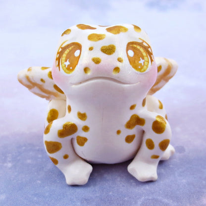 White and Gold Fairy Frog Figurine - Polymer Clay Animals Celestial Collection