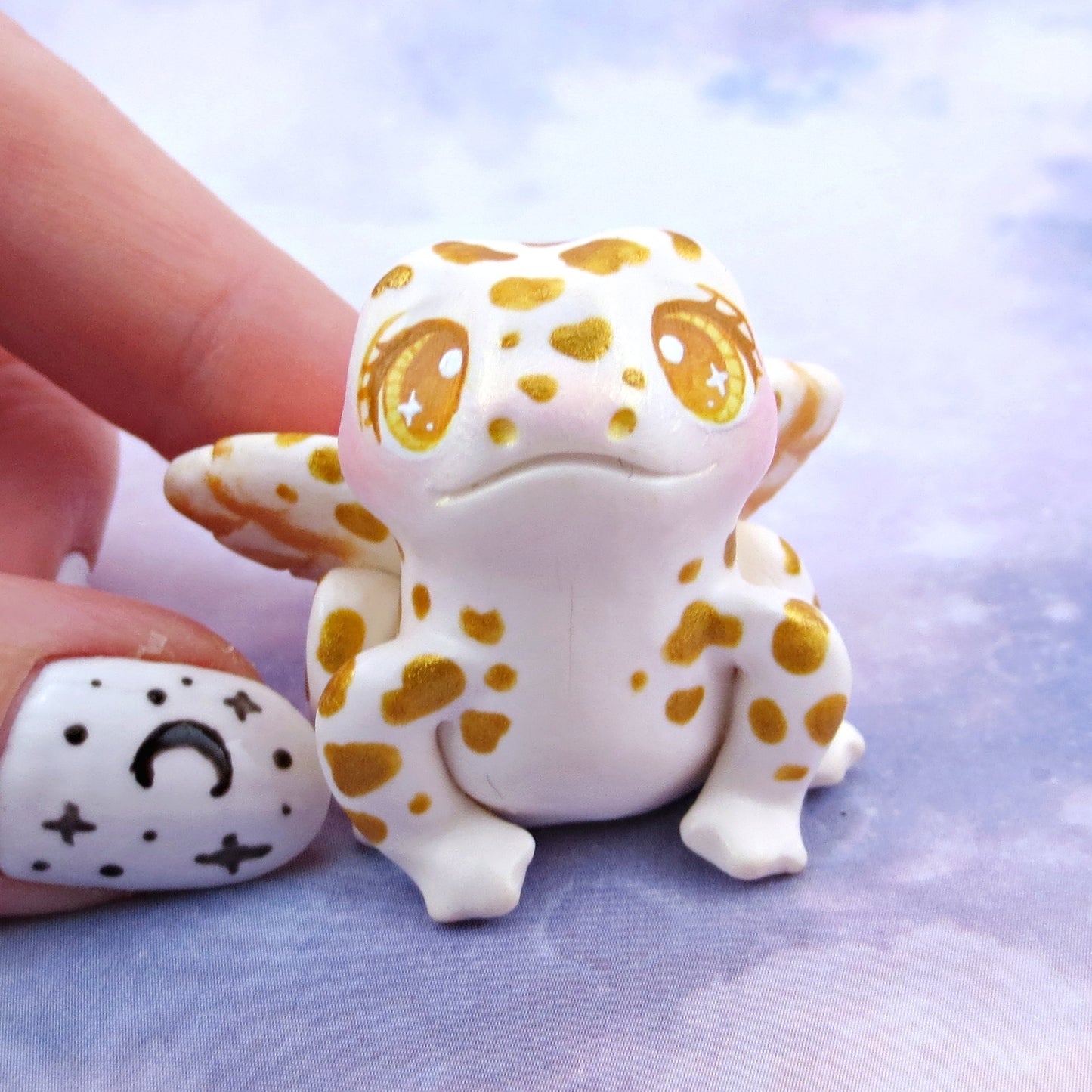 White and Gold Fairy Frog Figurine - Polymer Clay Animals Celestial Collection