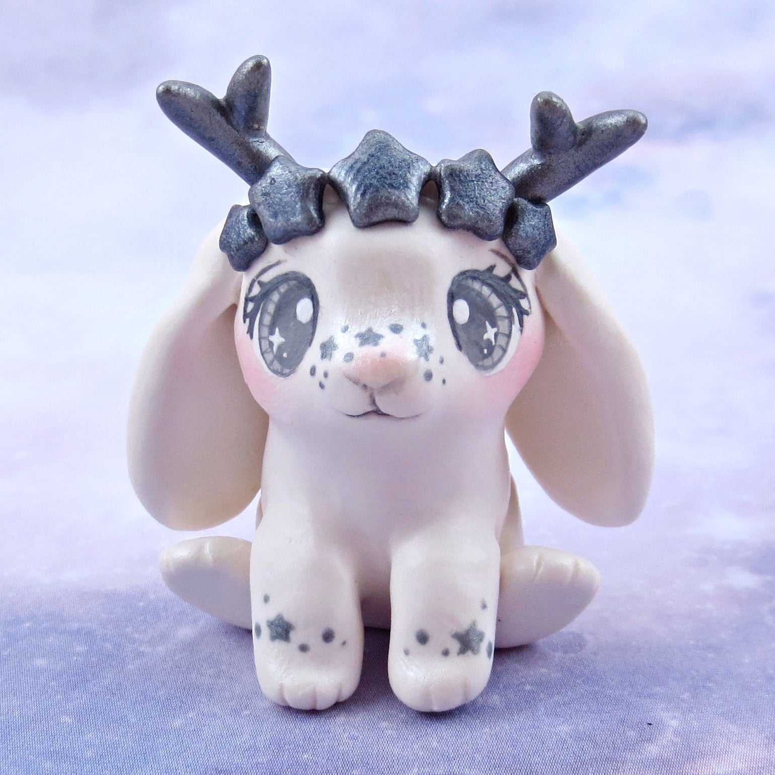 White and Silver Star Crown Jackalope Figurine - Polymer Clay Animals Celestial Collection