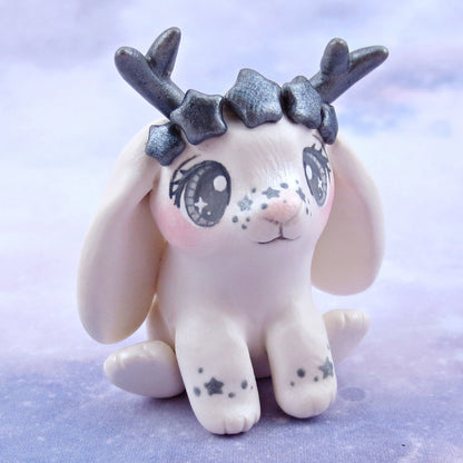 White and Silver Star Crown Jackalope Figurine - Polymer Clay Animals Celestial Collection