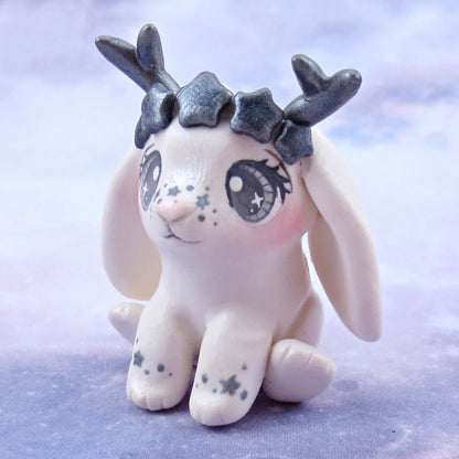 White and Silver Star Crown Jackalope Figurine - Polymer Clay Animals Celestial Collection