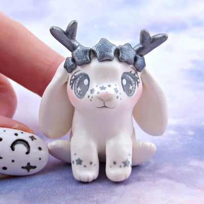 White and Silver Star Crown Jackalope Figurine - Polymer Clay Animals Celestial Collection